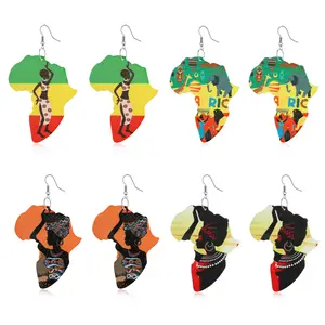 批发廉价时尚非洲木制珠宝，彩色印花非洲地图水滴耳环