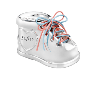 Silver Plated Baby Shoe Piggy Bank With Engraving Sofia Heart Design Money Box For Kids - Product Image 1