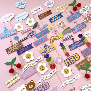 ท็อปเปอร์เค้กกระดาษลายหมีหน้ายิ้ม ดาว ดอกไม้ เชอร์รี่ ตกแต่งเค้กวันเกิด สไตล์อินส์ พร้อมน้ำผึ้งและของหวาน - Product Image 3