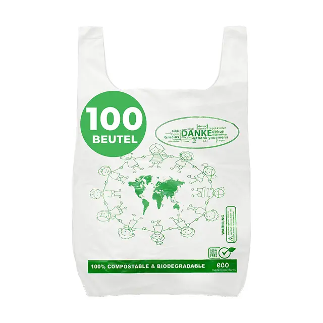 100% kompost ierbare nachhaltige Maisstärke umwelt freundliche frische Obst Gemüse Verpackung biologisch abbaubare Kunststoff T-Shirt Tasche