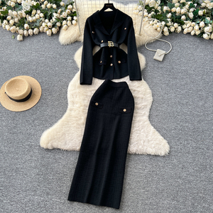 Conjunto de Dos Piezas para Mujer, Elegante, Otoño Invierno, Top de Punto <span class=keywords><strong>con</strong></span> Estampado Geométrico y Cintura Ajustable <span class=keywords><strong>con</strong></span> <span class=keywords><strong>Falda</strong></span> a Juego - Product Image 3