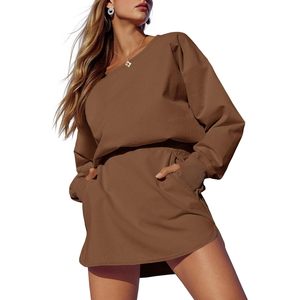 Robe de sport à manches longues pour femme avec short intégré, coupe ample, vêtement de sport respirant en maille pour le printemps et l'été, couleur café - Product Image 1