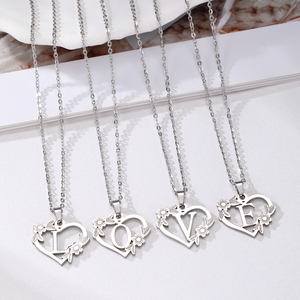 Collar de Moda con Colgante de Letra Inicial del Alfabeto con Forma de Corazón y Flor, en Acero Inoxidable, Color Oro y Plata, para Mujer - Product Image 5
