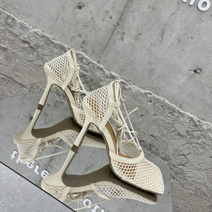 2024 square Head Fashion Lace-up Bag Heel Stiletto Sandals Ankle Strap Summer Mesh High Heels - Product Image 4