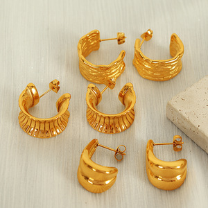 Huggie <b>Earrings</b> Gold Textured C Shape Geometric Design Stainless Steel <b>Post</b> For Women Fashion Jewelry - Product Image 1
