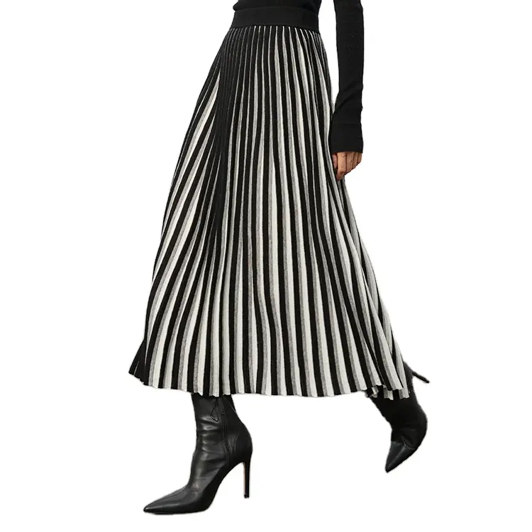 Rok rajut wanita, rok perempuan wol rajut panjang menengah tombol terbuka depan krem wanita, pemasok rok kustom modis