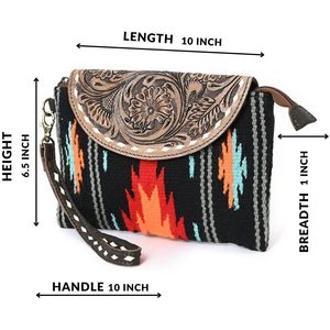 Handtooled Boho Clutch Bag for Women Tribal Aztec Cowhide Leather Saddle Blanket Embroidered Vintage Western <b>Wristlet</b> Purse - Product Image 1