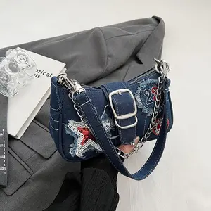 Fashion Star Pattern Denim Bags 2024 Ladies Handbags Cross Body Chain Shoulder Fabric Denim Purses and Handbags for Women