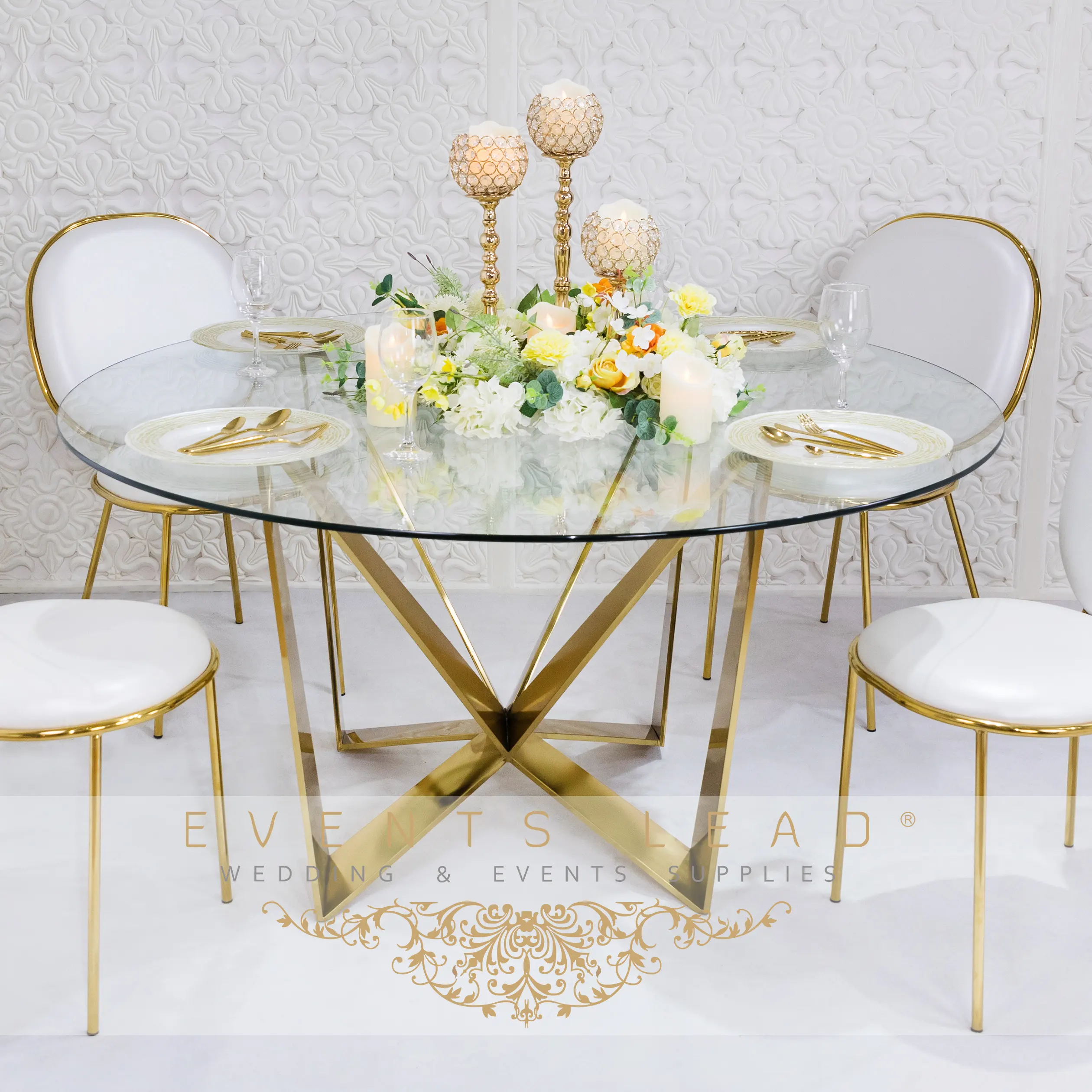 Mesa de jantar com espelho irregular de alta qualidade, moldura dourada com base branca para eventos de casamento