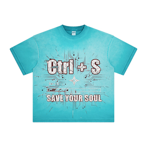 T-shirt 280G in cotone lavato effetto vintage con stampa batik e scritta 'Save Your Soul', girocollo, stile streetwear americano da uomo - Product Image 5