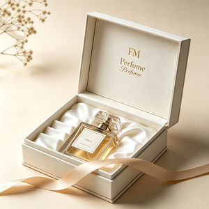 Boîte cadeau rigide personnalisée pour parfum avec couvercle à rabat, logo bronzé et doublure en satin - Emballage en carton gris recyclable pour marques de luxe - Product Image 1