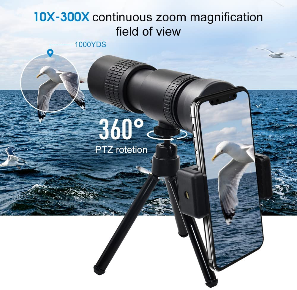 Phone Monocular Telescope  4K 10-300X40mm Super Telephoto Zoom Monocular Telescope Waterproof Night Vision