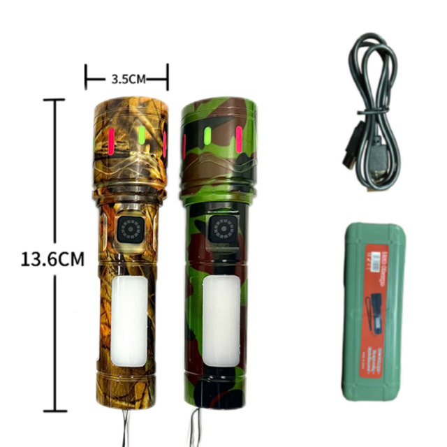 USB Rechargeable White Laser Zoom Flashlight Built-in 18650 Battery Red & White Side Light Waterproof Portable Torch Worklight