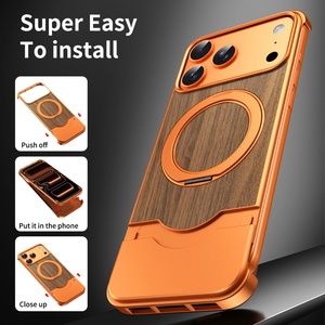 Walnut Wood Back Panel Magnetic Phone Case for <b>iPhone</b> 17 13 14 15 16 Pro Max With 360° Stand Aluminum Frameless Shockproof Cover - Product Image 5