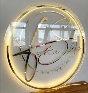 Logo bulat akrilik kustom Logo komersial lampu latar Logo Salon bulat tanda perusahaan 3D