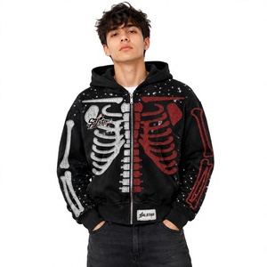 Sudadera con capucha y cremallera para hombre Sulstar, negra, con estampado de esqueleto, forro polar, estilo gótico, para otoño - Product Image 1