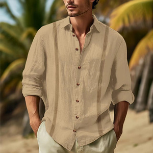 2024 printemps et automne nouvelle couleur unie coton et lin mélange <span class=keywords><strong>Collage</strong></span> revers à manches longues décontracté hommes chemise - Product Image 3
