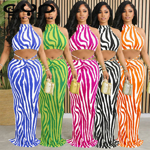 Citeert Casual Tweedelige Set Gestreepte Mouwloze Tops Voor Dames En Lange Gebreide Jurk, Sexy Bijpassende Eenset - Product Image 1