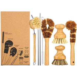 Thân Thiện Với Môi Trường Tự Nhiên Tre Có Thể Tháo Rời Nhà Bếp Beechwood Tampico Salu Dish Cleaning Brushes Set Với Tay Cầm Bằng Gỗ - Product Image 1
