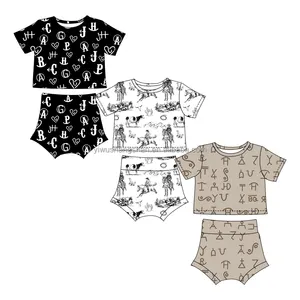 Customized OEM Western Style Pattern Print Kids Clothing Set Boutique Leite De Seda Do Bebê Meninos Meninas Camisa de Manga Curta e Shorts