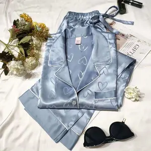 Women's Pajamas Sets 2pcs Women Pajama Printing Design Suit Long Sleeve Trousers Set Home Clothes Satin Silk Women's Sleepwear