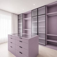 Lemari Pakaian Mewah Custom, Kabinet Ruang Ganti Kayu dengan Pintu Geser Kaca Ganda, Lemari Pakaian Lavender Inspo