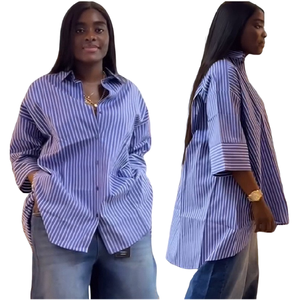 Camisas de Verano Personalizadas <span class=keywords><strong>para</strong></span> Mujer, Manga Larga, Cuello Polo, Holgadas, <span class=keywords><strong>a</strong></span> <span class=keywords><strong>Rayas</strong></span> Azules, <span class=keywords><strong>Blusas</strong></span> Elegantes - Product Image 1