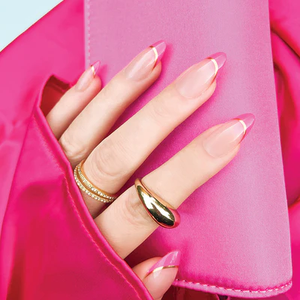 <span class=keywords><strong>Uñas</strong></span> Postizas de Estilo Salón, Color <span class=keywords><strong>Rosa</strong></span> Intenso, Punta Francesa, Borde <span class=keywords><strong>Dorado</strong></span>, Base Nude Brillante, Almendradas Medianas, Reutilizables, Marca Privada - Product Image 5
