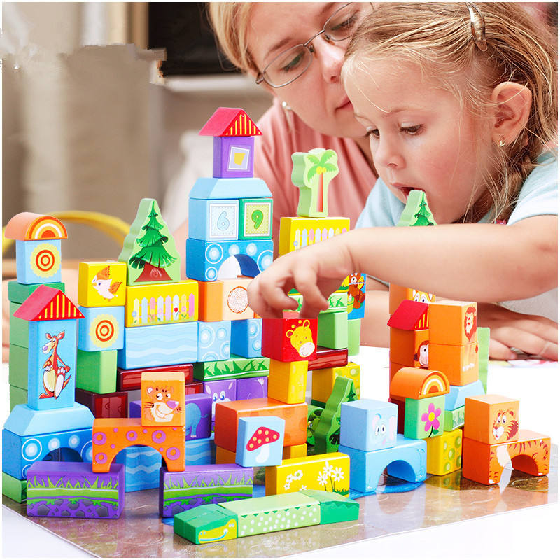 100-piece Zoo Wooden Building Blocks Toy Set for Kids