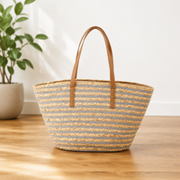 Sac fourre-tout écologique en paille tressée rayé gris style bohème pour femme, grande capacité, avec bandoulière pour l'été et les voyages