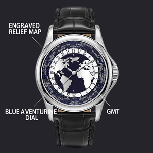 Montre mécanique pour homme de luxe OEM ODM, plusieurs fuseaux horaires, cadran carte du monde en aventurine, boîtier en acier inoxydable 40 mm, bracelet en cuir - Product Image 2