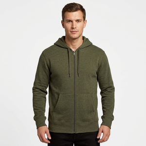 Sudadera con Capucha y Cierre para Hombre, Color Verde Oliva, Corte Regular, Informal, de Algodón Tejido, Color Sólido, con Bolsillos, para Invierno, Antiarrugas - Product Image 1