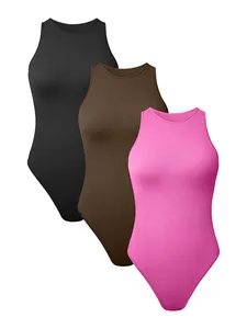 OQQ Atacado Mulheres Bodysuits Sexy Ribbed One Piece Sem Mangas Tripulação Pescoço Tops Bodysuits