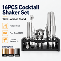 Ensemble de 16 pièces pour shaker à cocktails Boston avec support en bambou, kit d'outils de bar en acier inoxydable, couleur personnalisée, kit de fabrication de cocktails pour barman à domicile