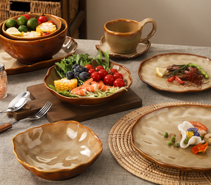 Juego de Vajilla de Cerámica Irregular con Esmalte Cambiante al Horno, Estilo Retro Japonés, Platos y Tazones de Gres Rústico, Apto para Microondas - Product Image 5