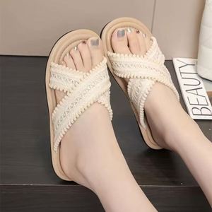 Nouvelles tongs rétro tissées pour femmes été 2026, en coton et lin, design croisé, sandales plates décontractées, chaussures confortables - Product Image 2