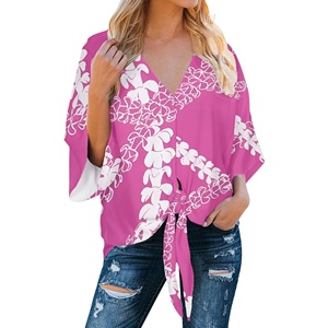 Blusas de Verano para Mujer con Estampado Floral Hawaiano Azul de Moda, Estilo Boho, Manga 3/4, Cuello en V, con Lazo Delantero, Camisas Casuales Holgadas con Estampado Floral - Product Image 5