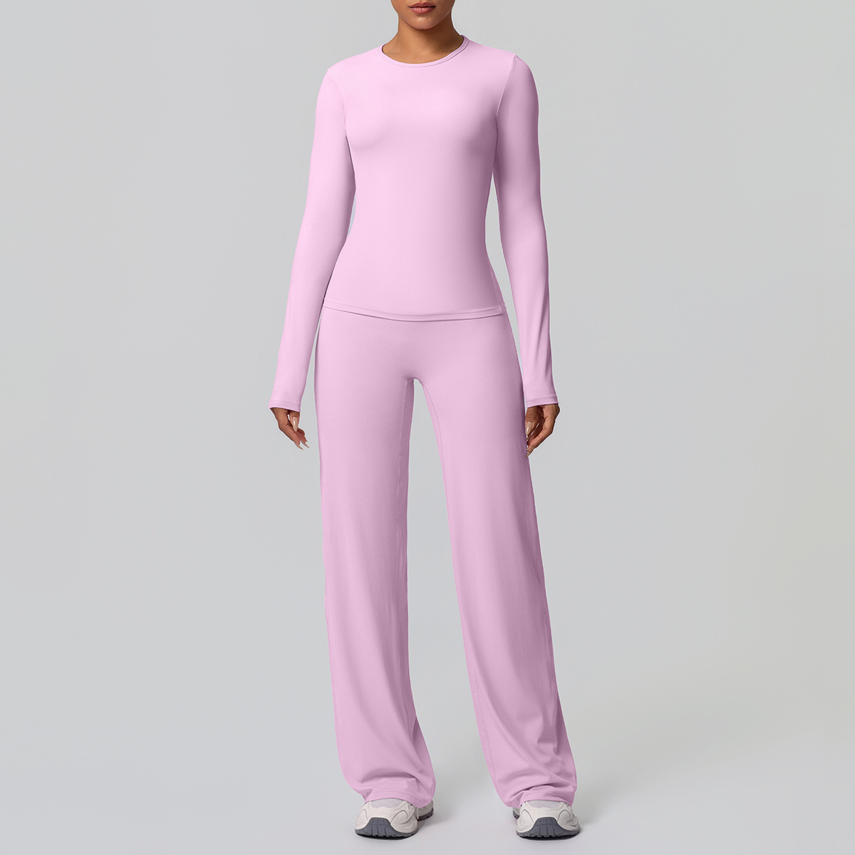 TongJoes Cross-border Double-sided Brushed Breathable for Solid Tight Training Long-sleeved Wide-leg Yoga Suit Two-piece Set