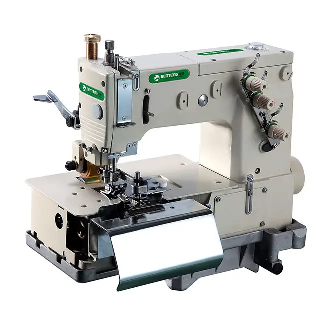 Máquina de costura industrial ST 2000CP com agulha dupla para fazer cintas de mesa com cortador de tecido frontal e extrator traseiro