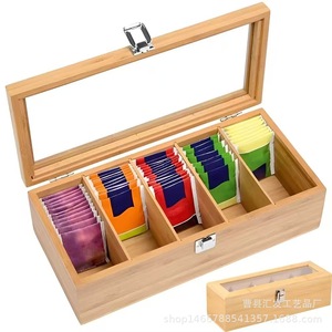 Caja de almacenamiento de bolsitas de té de bambú con tapa acrílica, organizador de escritorio con múltiples compartimentos para uso en la oficina - Product Image 1