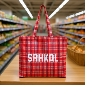 Sac fourre-tout en tissu non tissé à carreaux rouges 25x23x7 pouces avec longues poignées, sac de courses réutilisable en toile - Product Image 2