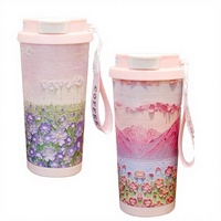 Mug isotherme en acier inoxydable de haute qualité pour étudiantes, motif floral moderne, double usage avec paille, grande capacité, poignée ergonomique, mug sous vide