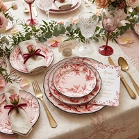 Maßgefertigtes Vintage Rotes Blumenmuster Keramik-Tellerset 6,5/8/10,5/12 Zoll Toile De Jouy Porzellan-Geschirr Hochzeit Hotel Tischdekoration
