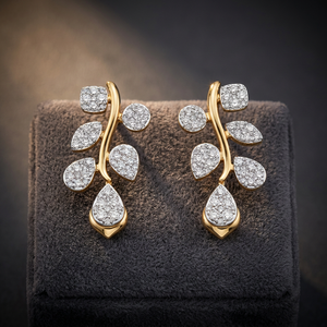 Boucles d'oreilles pendantes de luxe plaquées or 18 carats avec diamants, forme végétale, taille brillant rond, bijoux de mariage pour femme - Product Image 3