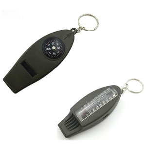 Sifflet de survie d'extérieur 4-en-1 avec boussole, loupe et thermomètre – Équipement compact d'urgence en plastique gris avec porte-clés - Product Image 2