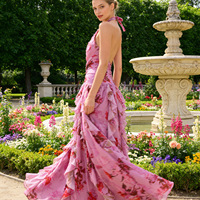Robe longue élégante à col halter, motif floral, volants, sans manches, dos nu, fente, pour la plage, les vacances, les soirées, taille haute, coupe trapèze, pour femme