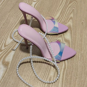 Sandales à talons hauts en PVC coloré pour femmes, grande taille 45, avec bride de cheville perlée, bout pointu, pour soirée, mules personnalisées à talon aiguille - Product Image 3