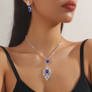 Iki parçalı moda takı takım sıcak satış mavi yeşil kırmızı su damlası kristal kolye küpe renkli düğün nişan - Product Image 4