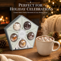 Coffret Cadeau Chocolat Chaud de Noël 5 Packs – Mélange de Cacao, Boules Décoratives, Guimauves, Sirop de Pain d'Épices, Garnitures pour Biscuits – Vente en Gros OEM