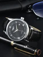 Montre homme automatique LONGLUX, montres mécaniques en gros, simples, polyvalentes, avec date, étanches, mode, bracelet en cuir, cadeau pour homme